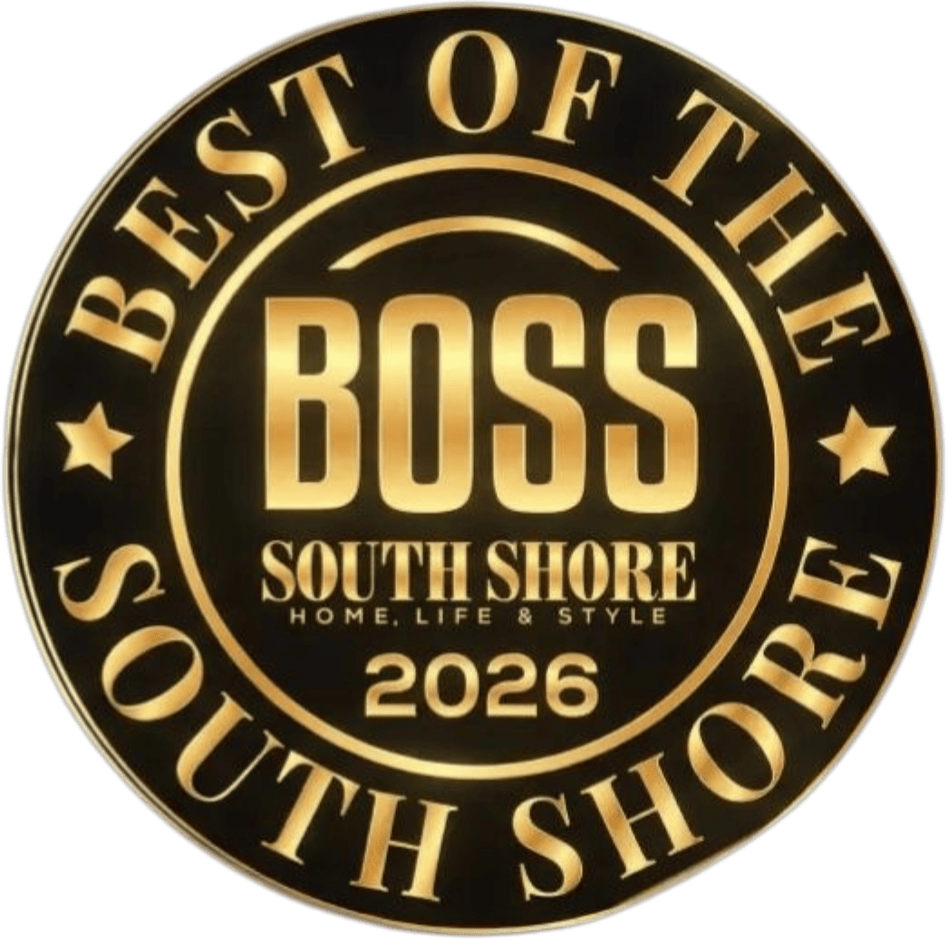 Gold and black circular badge with the text: BEST OF THE SOUTH SHORE, BOSS, SOUTH SHORE HOME, LIFE & STYLE, and 2026 in bold, metallic letters.