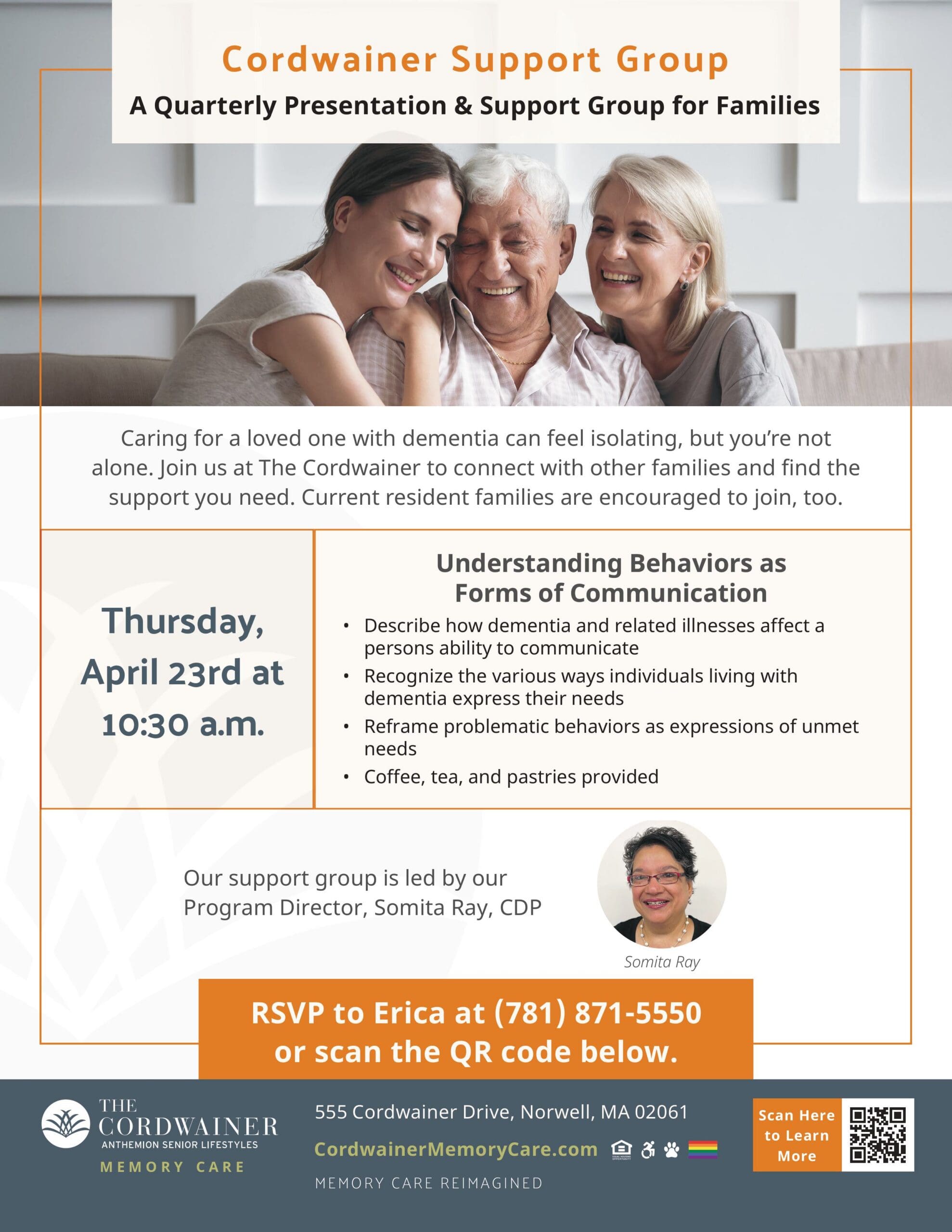 A flyer for a Cordwainer Support Group event for families, featuring details on a dementia support meeting, quarterly presentation date and time, contact info, a photo of a smiling woman with an elderly person, and RSVP instructions.