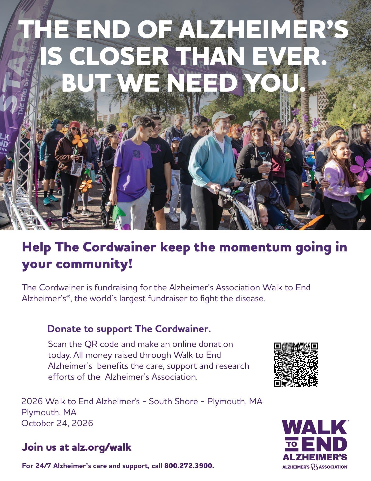 Flyer for the 2026 Walk to End Alzheimer's - South Shore, October 24, 2026 in Plymouth, MA, with a QR code to donate to The Cordwainer's team.