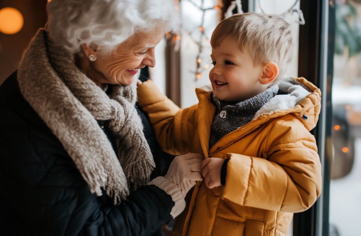 The Cordwainer | Senior woman putting a coat on her grandchild