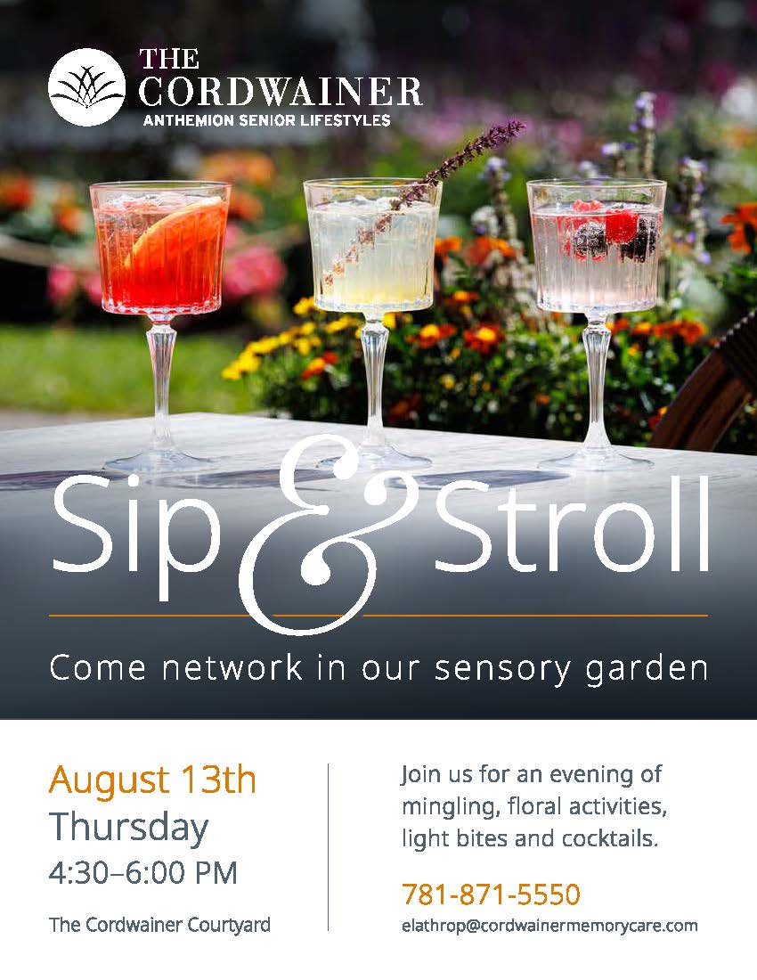 Three colorful cocktails sit on a table outdoors with flowers and greenery in the background. Text promotes a Sip & Stroll networking event at The Cordwainer, featuring drinks, activities, and contact info—join us as part of LE on the Road celebrations connecting our community in anticipation of America’s 250th.