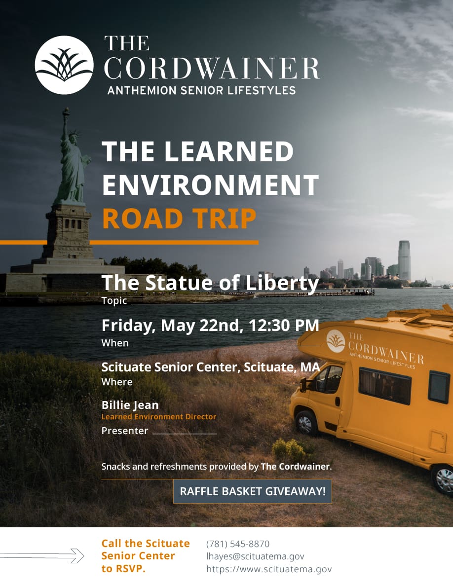 Flyer for The Learned Environment Road Trip at The Cordwainer, featuring the Statue of Liberty, an orange Cordwainer van, event info for May 22nd, 12:30 PM—join us for snacks, a raffle, and RSVP details.