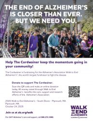 Flyer for the 2026 Walk to End Alzheimer's - South Shore, October 24, 2026 in Plymouth, MA, with a QR code to donate to The Cordwainer's team.