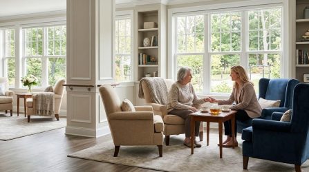 An older woman and a younger woman sit together in a bright, comfortable living room, talking over tea.