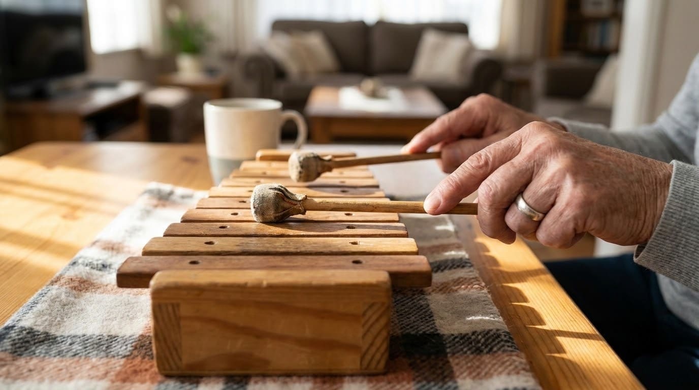 A person plays a wooden xylophone with two mallets on a table in a cozy living room, with a mug and plaid cloth nearby.