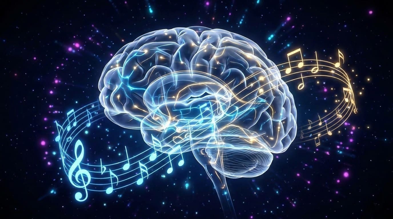 A glowing, translucent brain floats in a starry background, with swirling musical notes and staff lines looping around it, symbolizing the connection between music and the mind.