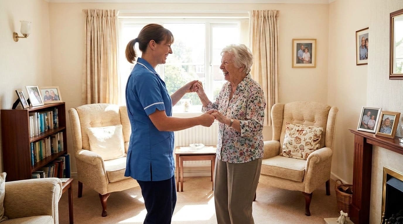 A smiling nurse in a blue uniform dances with an elderly woman in a cozy living room filled with armchairs, photos, and bookshelves, sunlight streaming through the window behind them.