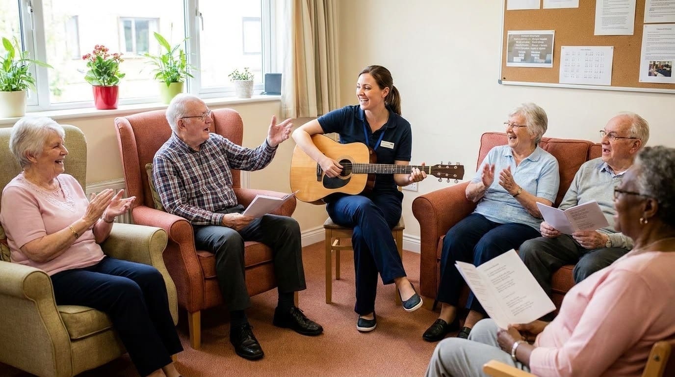 A group of older adults sit in a circle in a bright room, laughing and clapping while a woman in a uniform plays guitar. Some participants hold song sheets, and everyone appears to be enjoying a music session together.