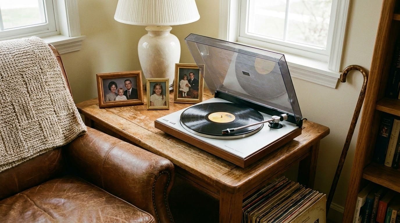 A cozy living room corner with a leather chair, a wooden side table holding a record player, framed family photos, a lamp, and a stack of vinyl records stored below the table.