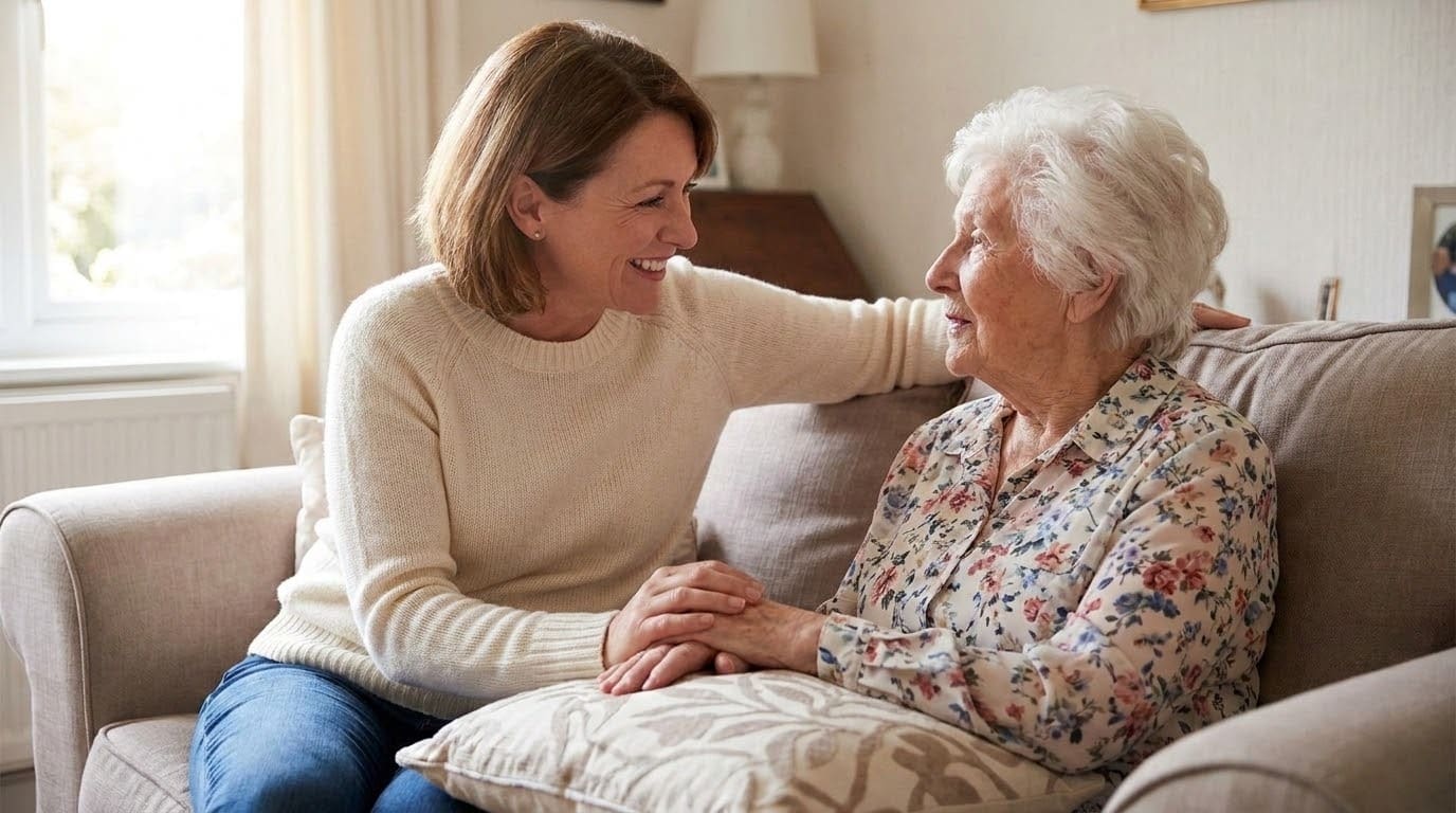 A younger woman sits on a sofa beside an older woman, smiling and holding her hand. They appear to be having a warm, friendly conversation in a cozy, well-lit living room.