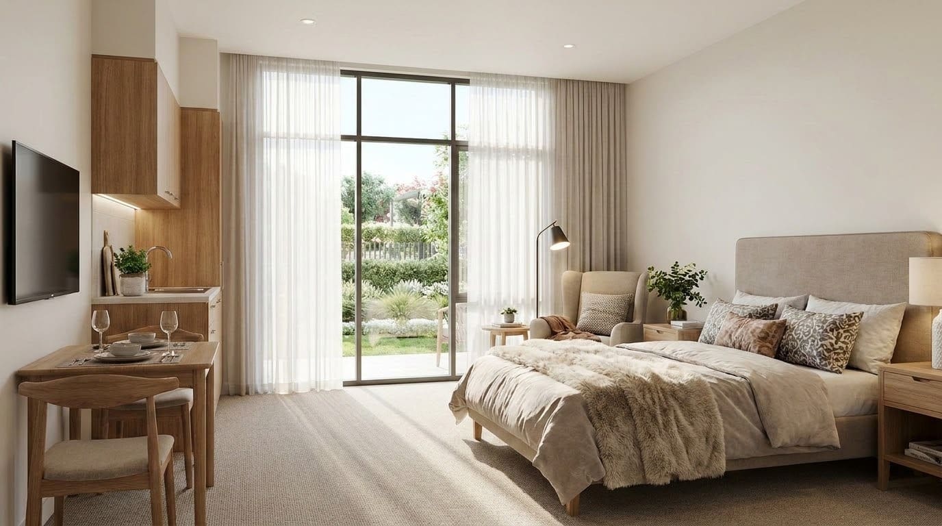 A modern, cozy studio with a large bed, dining table for two, kitchenette, and floor-to-ceiling windows revealing a green garden outside. Neutral tones and soft lighting create a comfortable, inviting atmosphere.