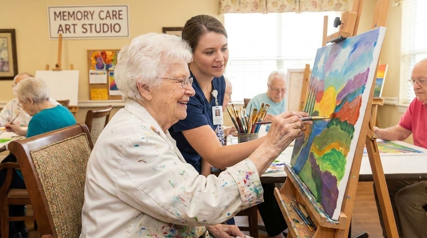 An elderly woman paints a colorful landscape on a canvas in an art studio, assisted by a caregiver. Other seniors are painting in the background. A sign reads Memory Care Art Studio. Natural light fills the room.