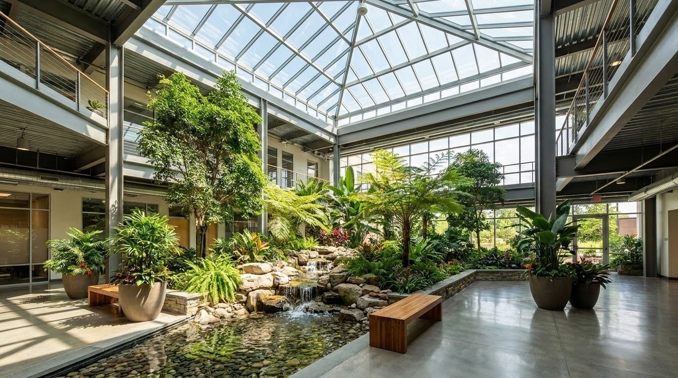 A spacious, modern atrium with large skylights features lush indoor plants, a small waterfall and pond, natural light, wooden benches, and polished concrete floors.