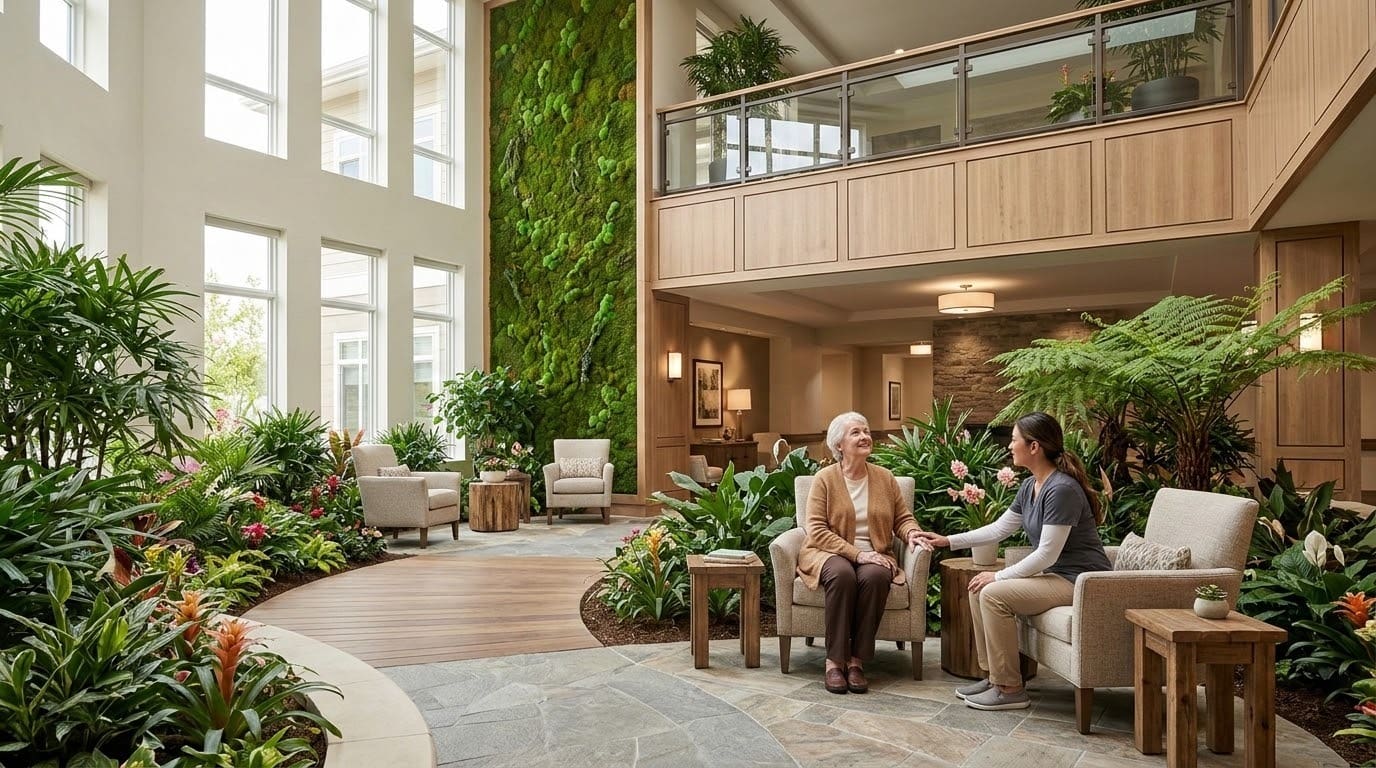 A serene indoor sensory garden with lush plants, natural light, and cozy seating. An older woman and a caregiver sit and talk, surrounded by greenery and modern wood accents, creating a calming and welcoming atmosphere ideal for memory care.