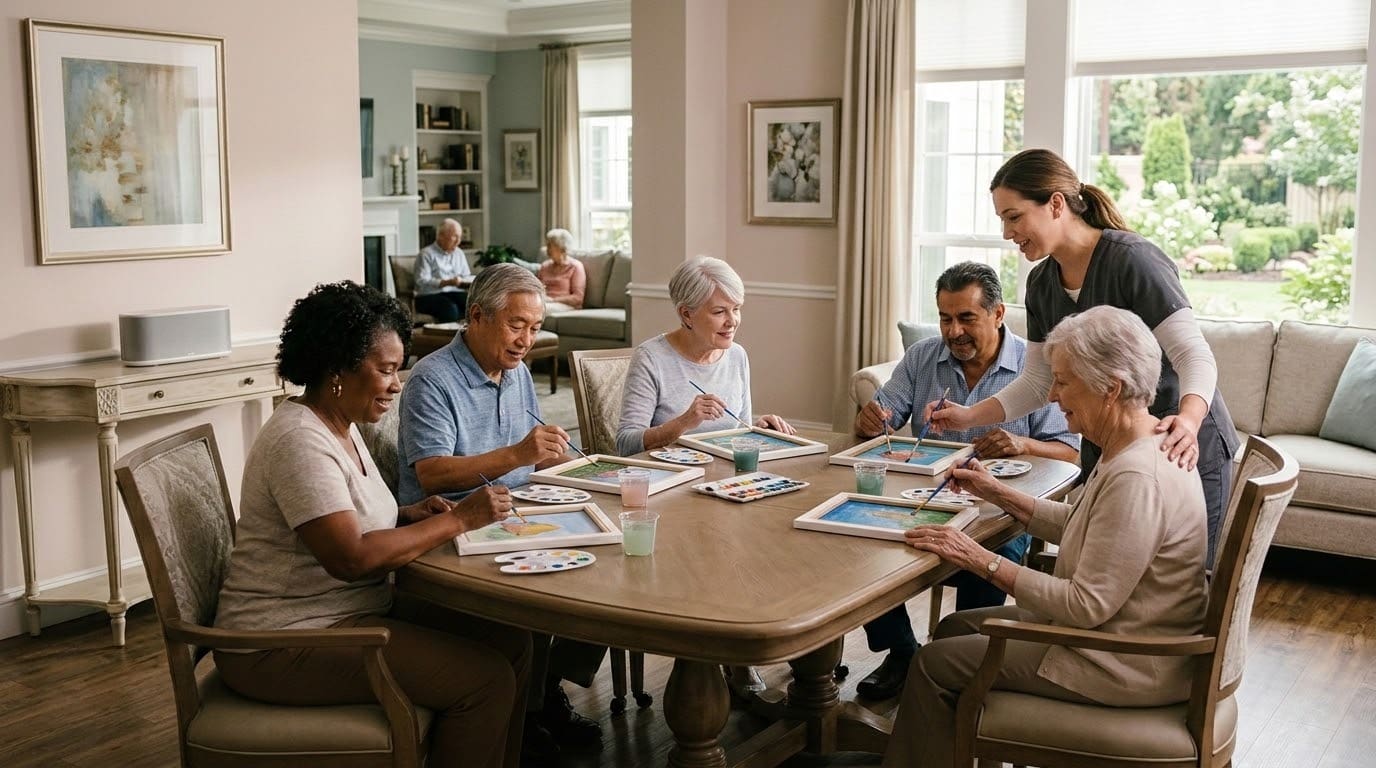 Six seniors sit around a table painting with watercolors, assisted by a younger woman in a bright, spacious room designed for Memory Care. Other seniors relax in the background. Smiling faces suggest a friendly, creative, and social atmosphere that supports individuals living with dementia.