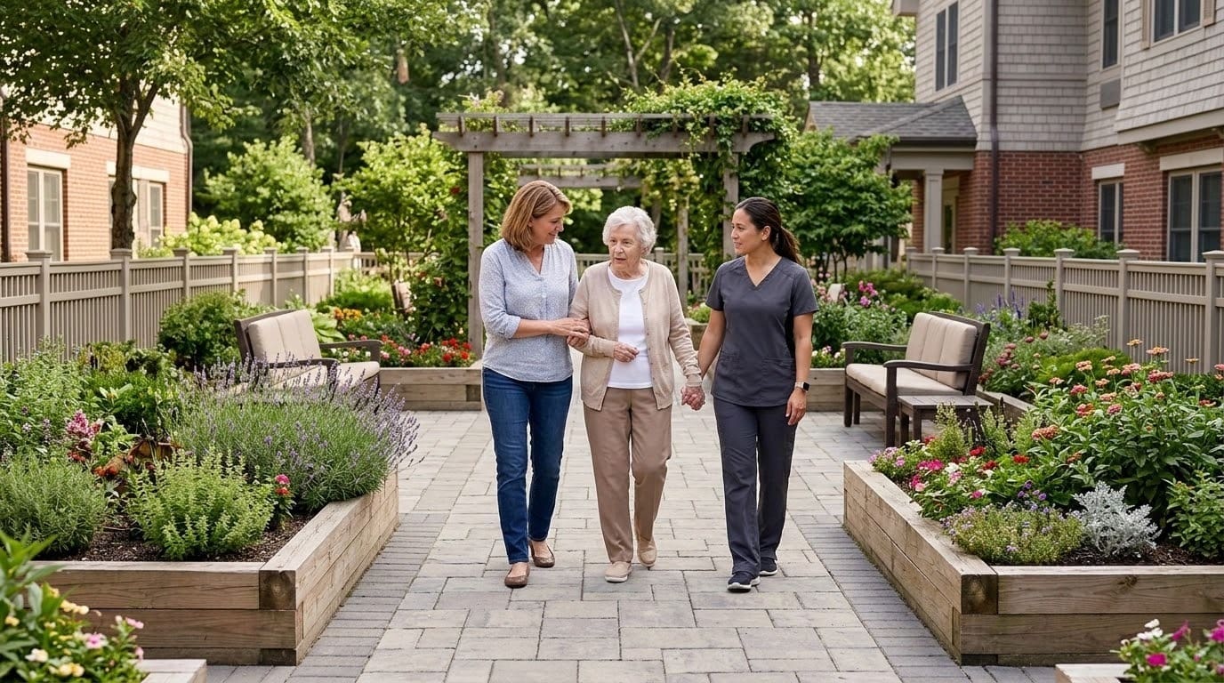 Two women assist an elderly woman as they walk together through a sensory garden courtyard with flowers, benches, and greenery, beside residential buildings on a sunny day—creating a peaceful setting ideal for dementia care.