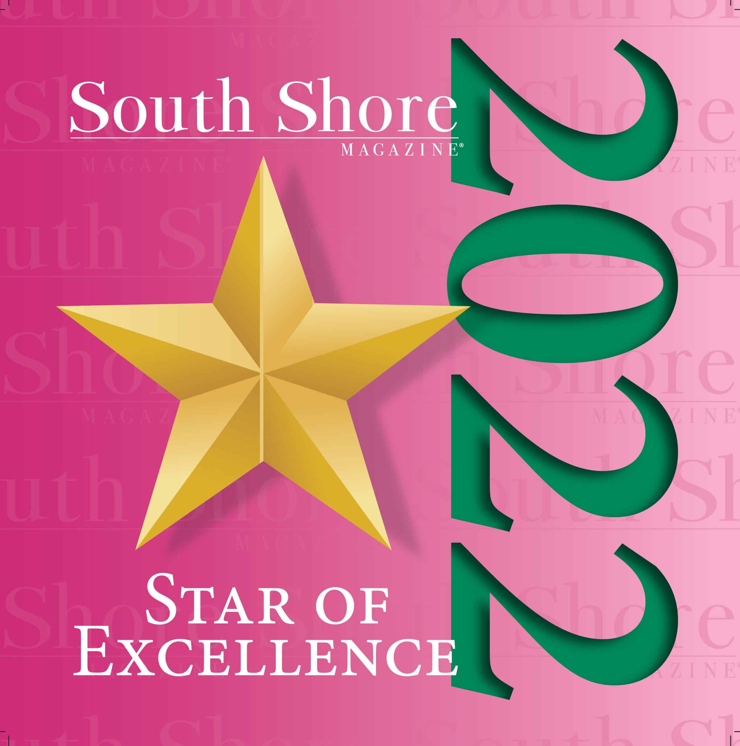 A gold star on a pink background with “South Shore Magazine 2022” and “Star of Excellence” in white and green bold text, celebrating outstanding memory care in Massachusetts at our Norwell nursing home.