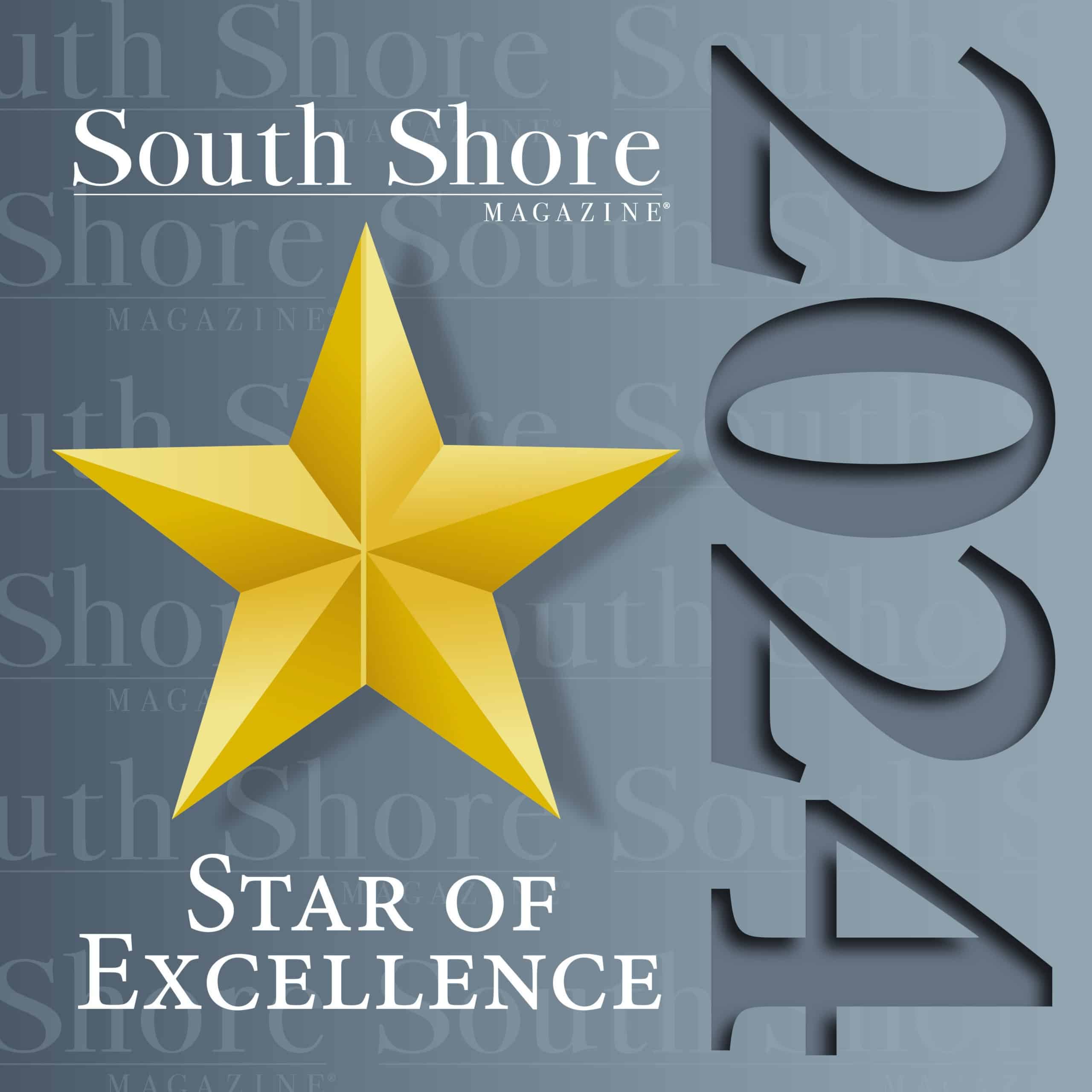 A gold star with the text South Shore Magazine 2024 Star of Excellence on a blue background, highlighting Norwell Nursing Home and memory care Massachusetts, with 2024 in large, vertical letters on the right side.
