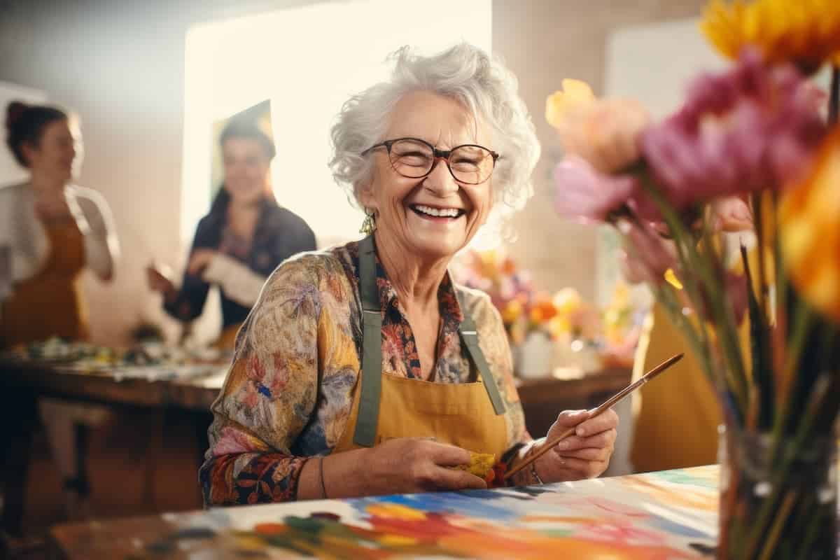 The Cordwainer Memory Care | Senior woman painting in front of flowers